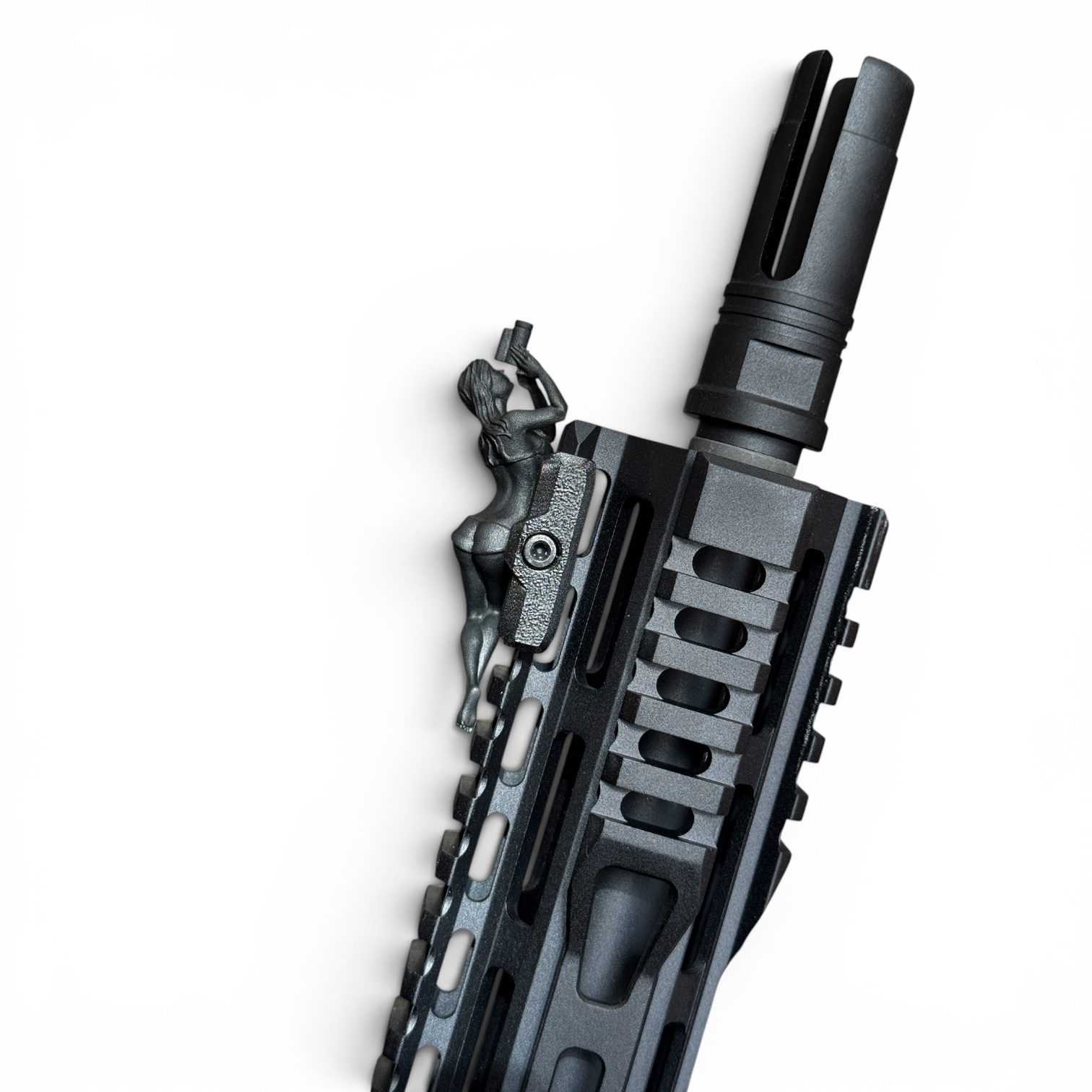 Spotter G figure climbing the handguard, isolated on white